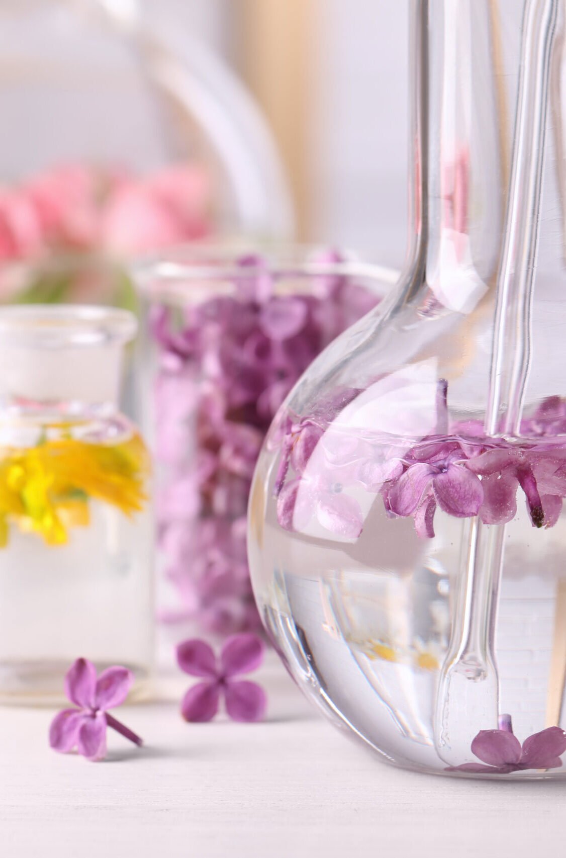 Laboratory glassware with flowers, focus on flask. Extracting essential oil for perfumery and cosmetics