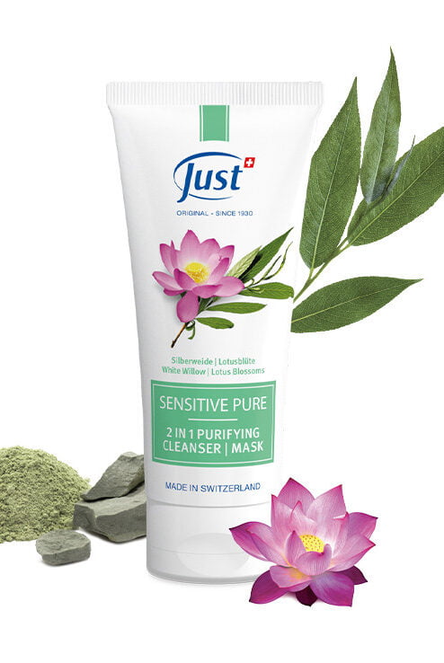 sensitive pure 2 en 1 masque et nettoyant visage peau mixte ou à problème, argile verte, saule blanc, fleurs de lotus